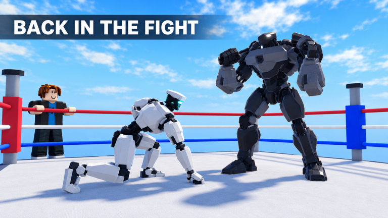 A white robot facing its opponent in the boxing ring
